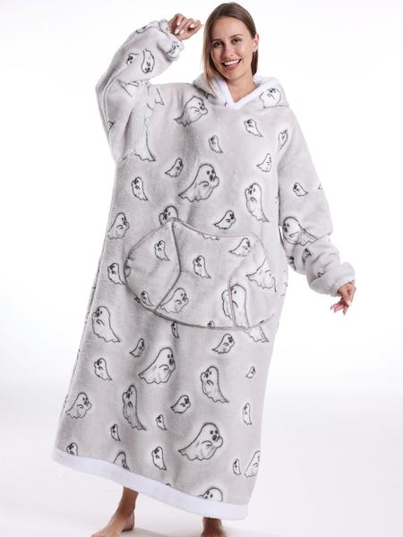 Women's Skull Print Bathrobe, Thick Casual Loungewear with Pockets, Halloween Theme, Fall & Winter, Loose-Fit TV Blanket, Flannel Cozy Blanket