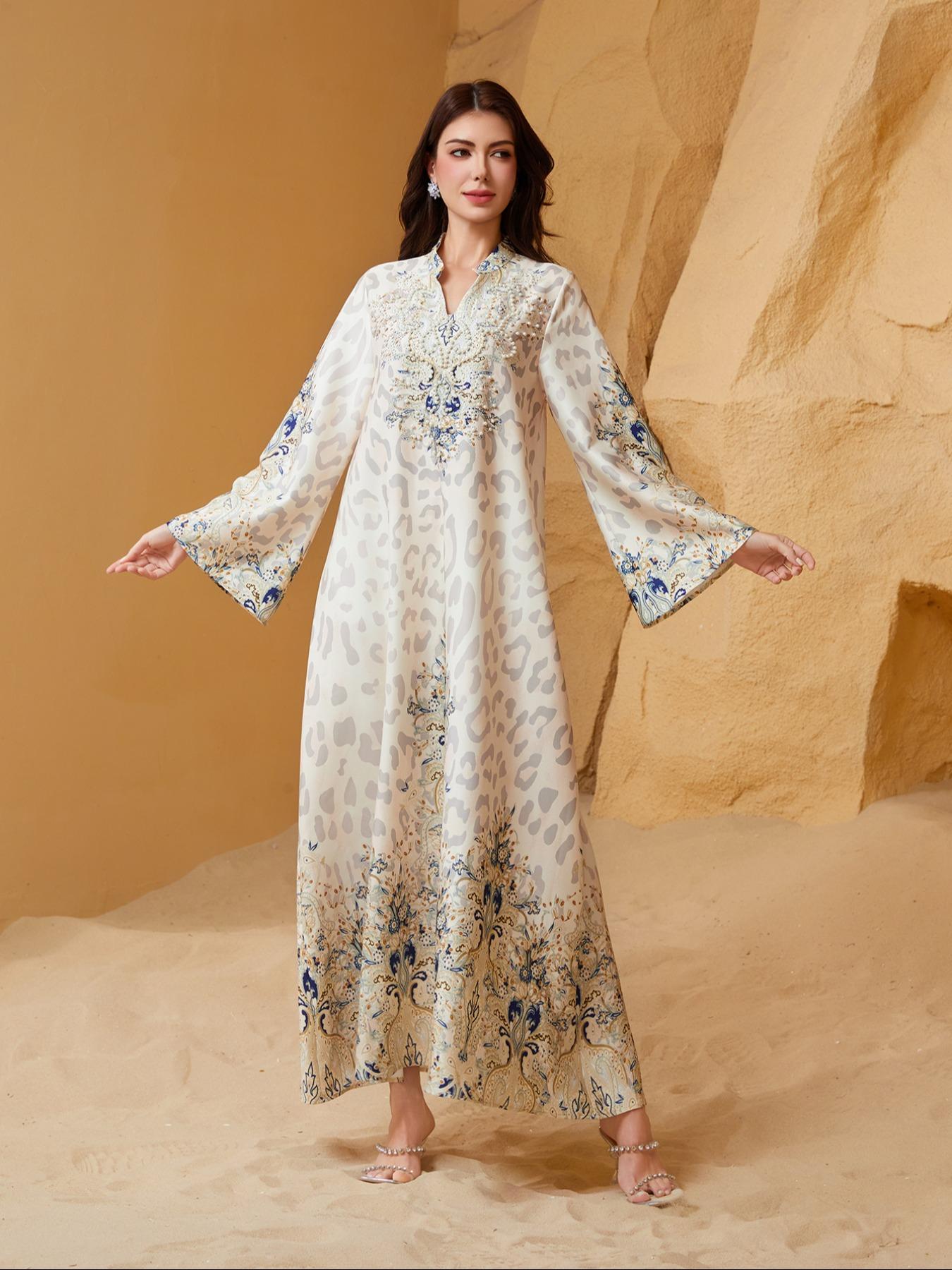 Women's Traditional Ethnic Pattern Faux Pearl Decor Long Dress, Boho Long Sleeve Round Neck Dress for Vacation Holiday Wedding Guest, Ladies Muslim Clothing for All Seasons