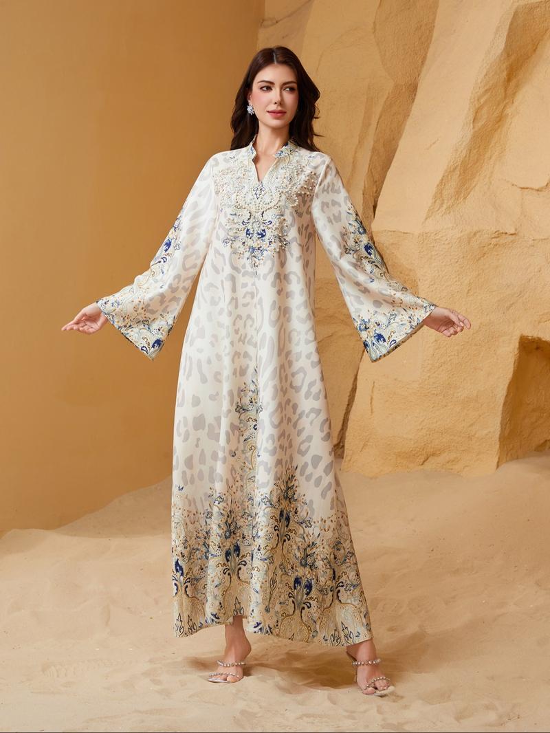 Women's Ethnic Pattern Faux Pearl Decor Long Dress, Boho Long Sleeve Round Neck Dress for Vacation Holiday Wedding Guest, Ladies Muslim Clothing for All Seasons
