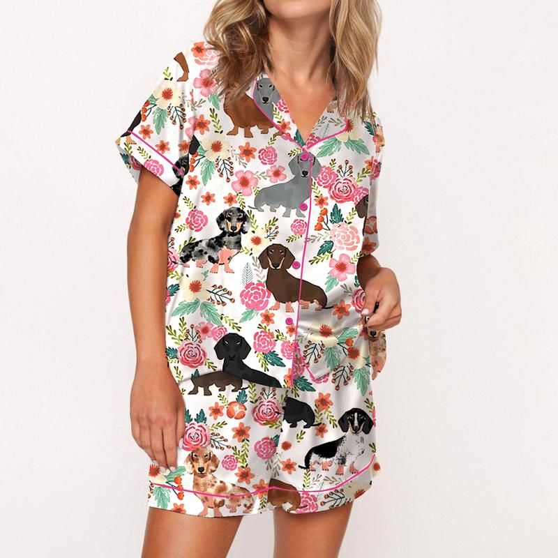 Puppies and Kitties Animals Pajama Set For Women Print Comfy Satin Sleepwear & Loungewear Pjs Printing Silky Short Sleeve Top & Shorts - SHESHOW