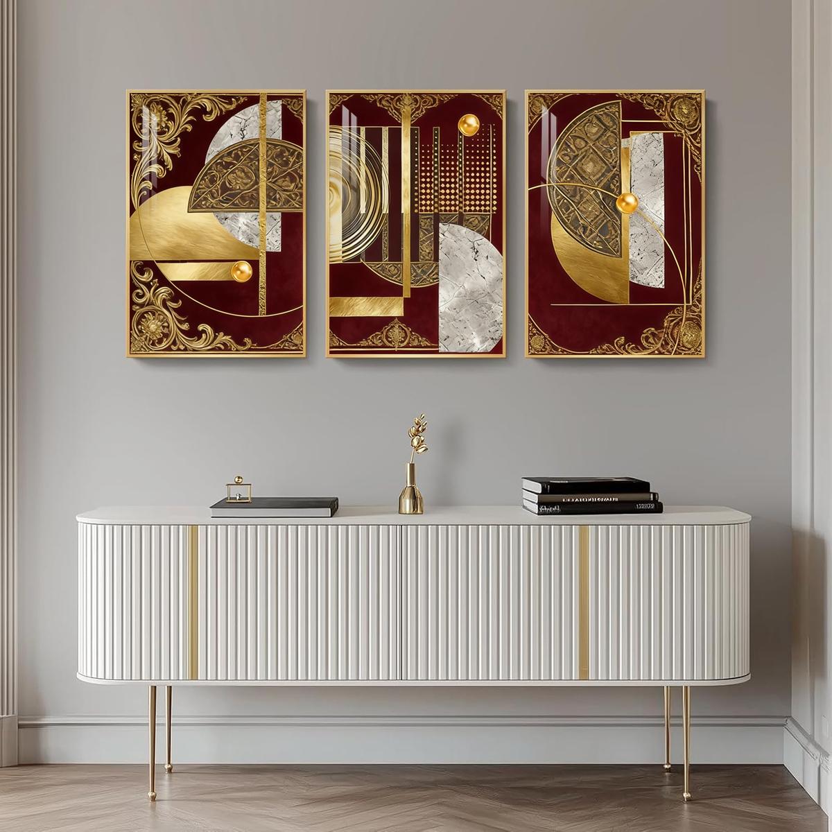 3 Counts Aluminum Alloy Framed Painting, Abstract Geometric Gold And Burgundy Art, Home Decoration For Living Room, Bedroom, Office, Restaurant, Hallway Wall Decor, Odorless Print Artwork, Luxury Perfect Gift For Friends And Family