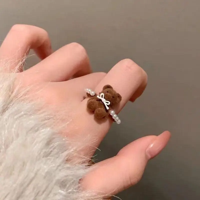 Cute Sweet Brown Plush Little Bear Rings for Women Girls Fashion Imitation Pearl Bow Opening Rings Good Friend Jewelry Gifts