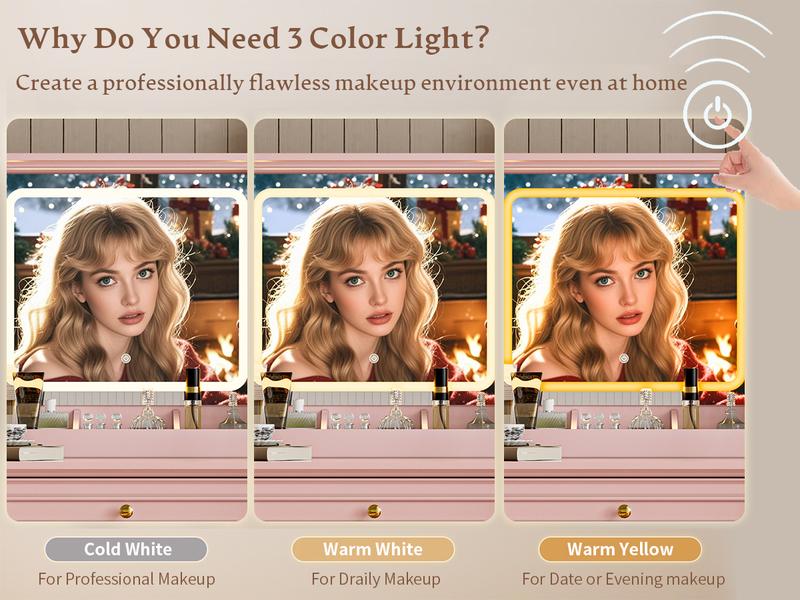 Led Light Vanity,Adjustable Lighting Makeup Vanity Set，Farmhouse Vanity Desk with Mirror and Lights,Large Makeup Table Set with RGB Cabinets,6 Drawers and Storage Shelves Dressing Table for Bedroom Dressing Room，