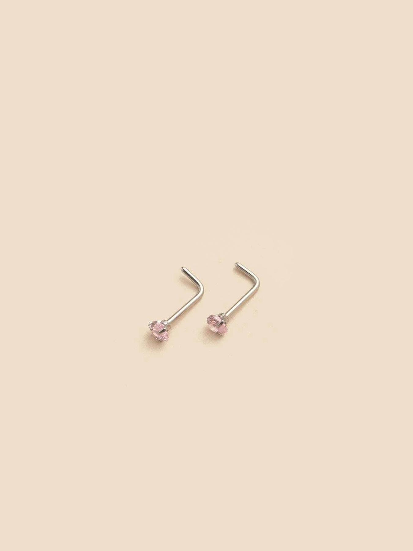 Cute Heart Shaped Nose Studs, Zircon Inlaid Nose Rings, Fashionable Body Jewelry, Nose Piercing Jewelry for Women & Girls, Trendy All-match & Exquisite Jewelry for Birthday Gift
