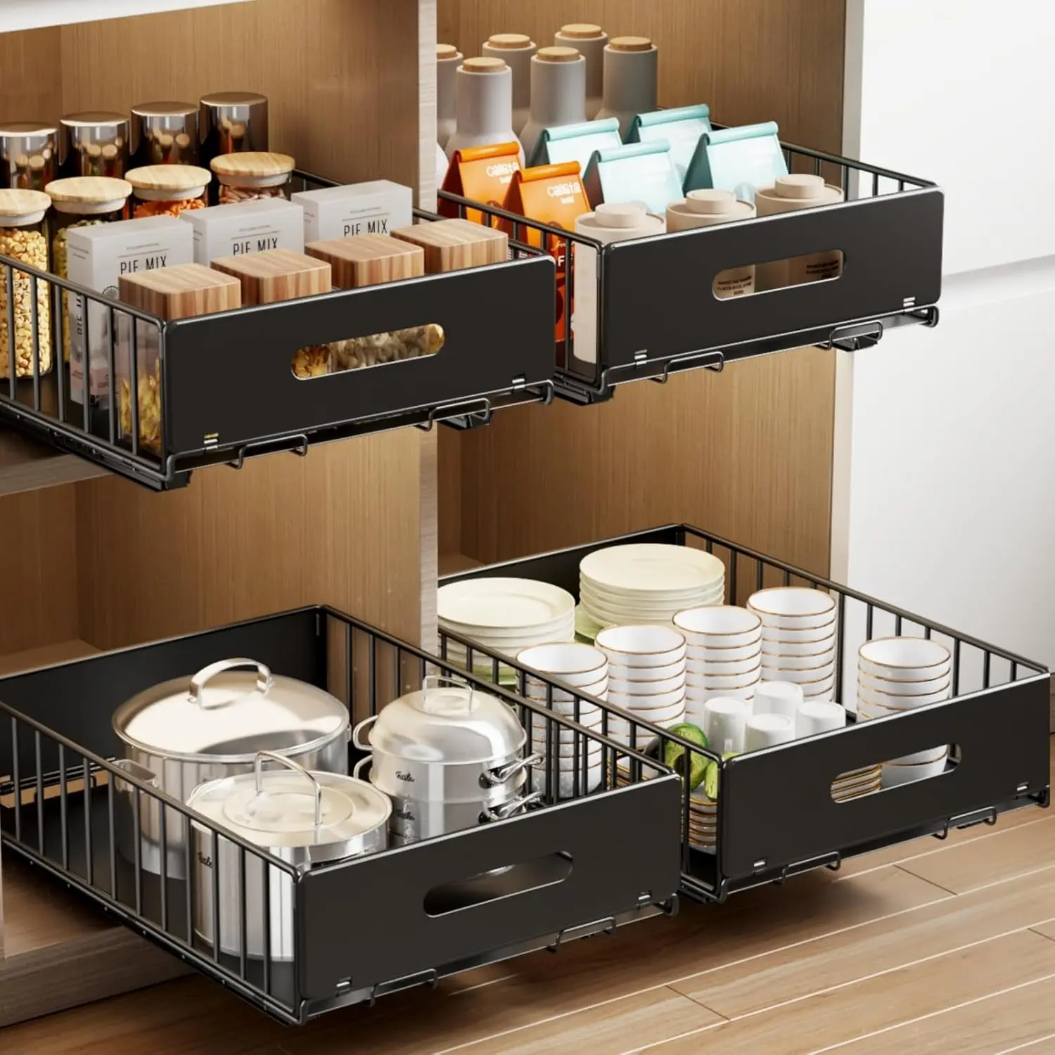 2 Pack Pull Out Cabinet Organizer, Slide Out Drawers for Cabinets, Peel and Stick, Heavy Duty Shelves for Kitchen, Cupboard, Pantry, Bathroom (16.5"D*11.8"W*3.94"H-Black)