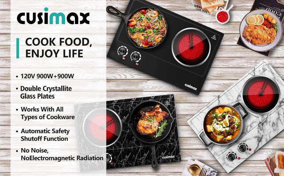 CUSIMAX 1800W Portable Electric Hot Plate with Infrared Cooktop Double Burner Fast Heating Safety Shutdown Function for Kitchen Household Appliances Induction Stovetop Countertop electric stove hot plate Cast-Iron Stainless Steel Single gestove Range