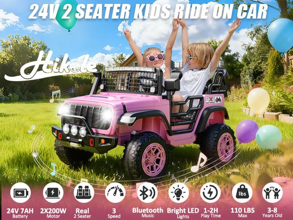 Hikole 24V 2-Seater Electric Ride On Car for Big Kids – Remote Control, Dual 200W Motors, Wide Seats, 4-Spring Suspension, Bluetooth Music, LED Lights & 3 Speeds