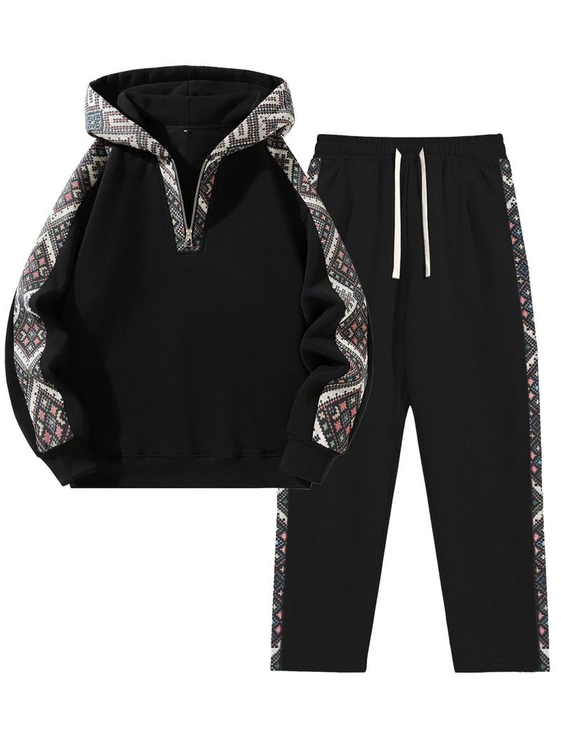 Men's Two-Piece Sport Set, Ethnic Pattern Hoodie & Straight Leg Pants, Casual Style, Soft Fabric, Fall & Winter Wear, Athleisure Wear Set