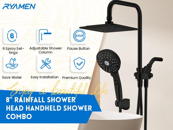 Ryamen Dual Shower Head Combo, 8'' High Pressure Rain/Rainfall Shower Head,5 Settings Adjustable Handheld Showers,with 15" Height Adjustable Slide Bar,Holder/Hose, Angle Adjustable, high pressure showerhead，tiktok shop showerhead