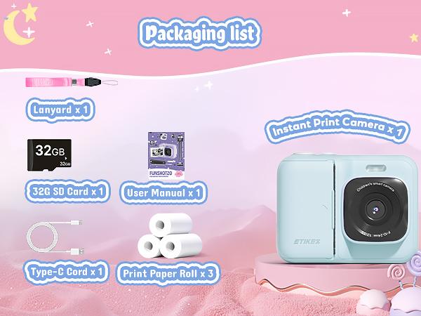 Instant Print Camera for Kids, HD Digital Camera, Christmas Birthday Gifts for Kids, Portable Toy Camera with 32GB SD Card & 3 Rolls Printing Paper