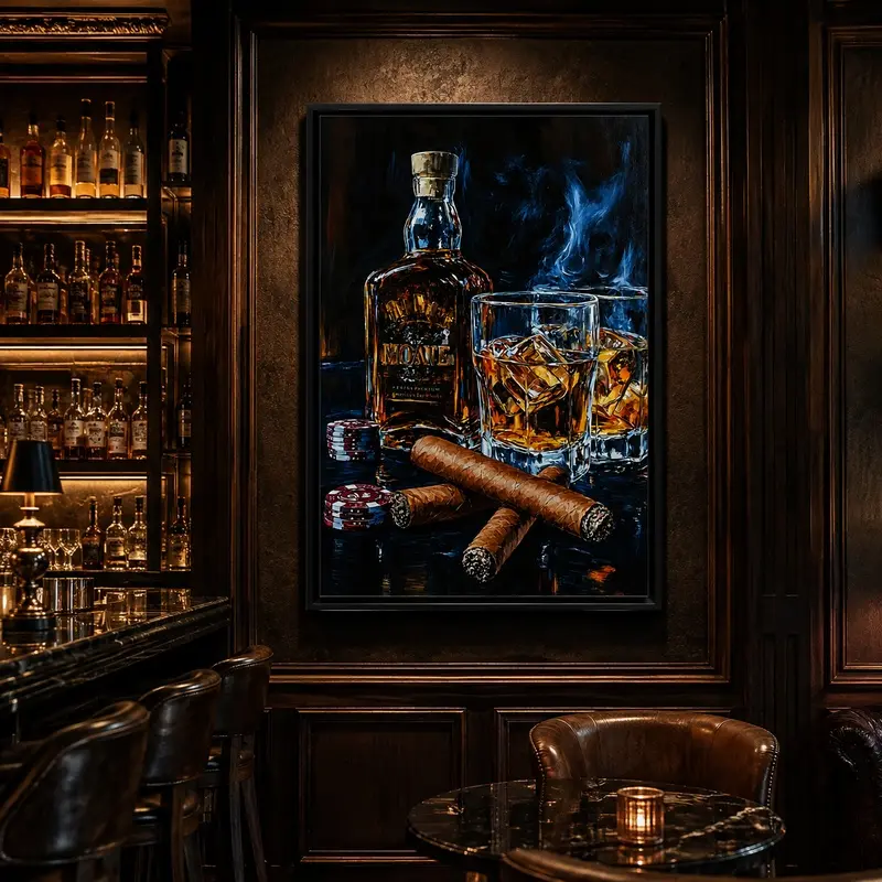 2D flat print whiskey/cigarette/poker chips bar canvas poster wall art ; retro home wall decor decorations; sophisticated printed gift for a man cave, basement bar, or club wall decoration