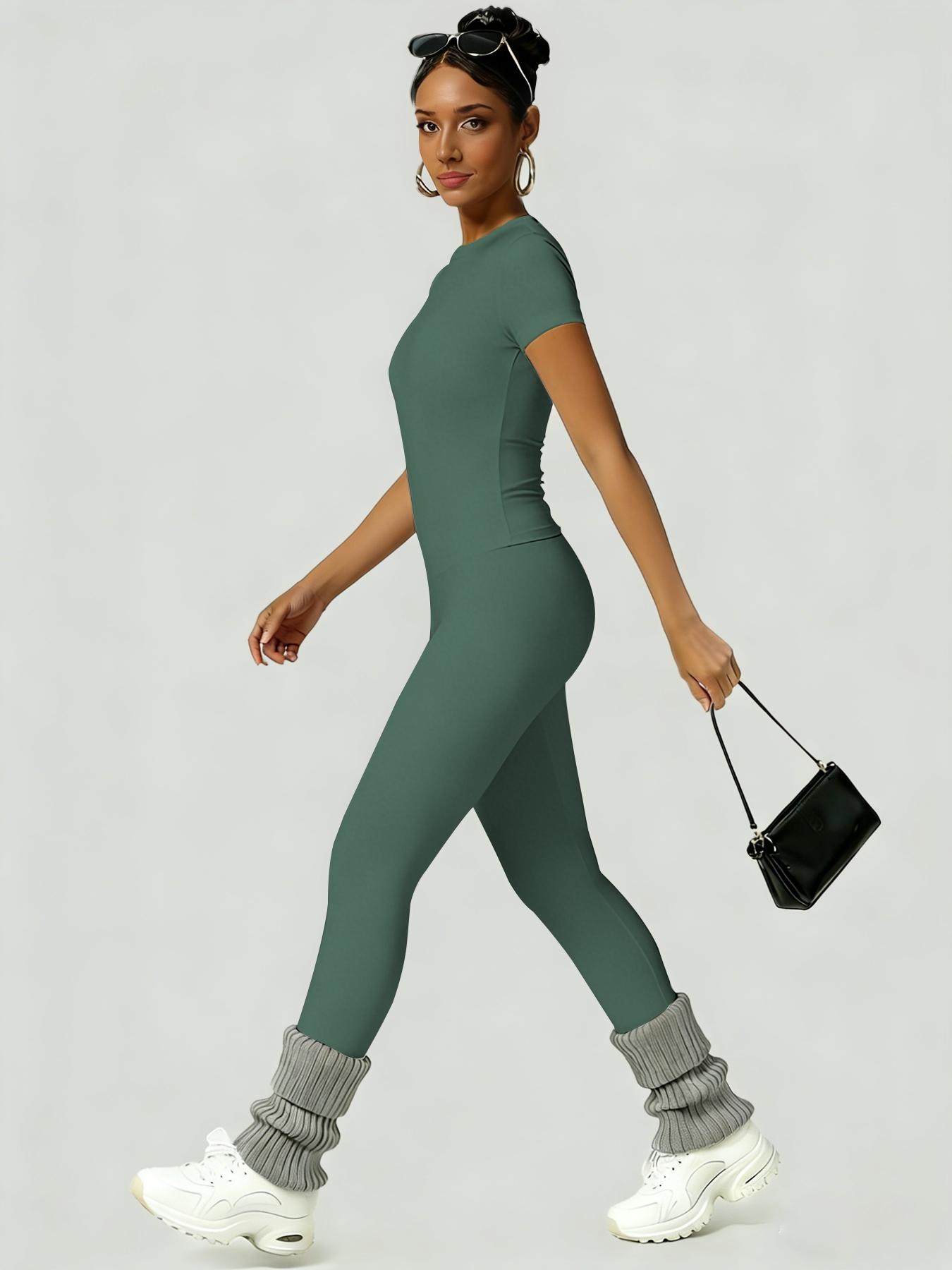 Women's Sportswear Set, Athletic Style Activewear, Slim-Fit Round Neck Short Sleeves & High-Waisted Yoga Pants, Ideal for Gym Running Outdoor Activities, Gym Sets