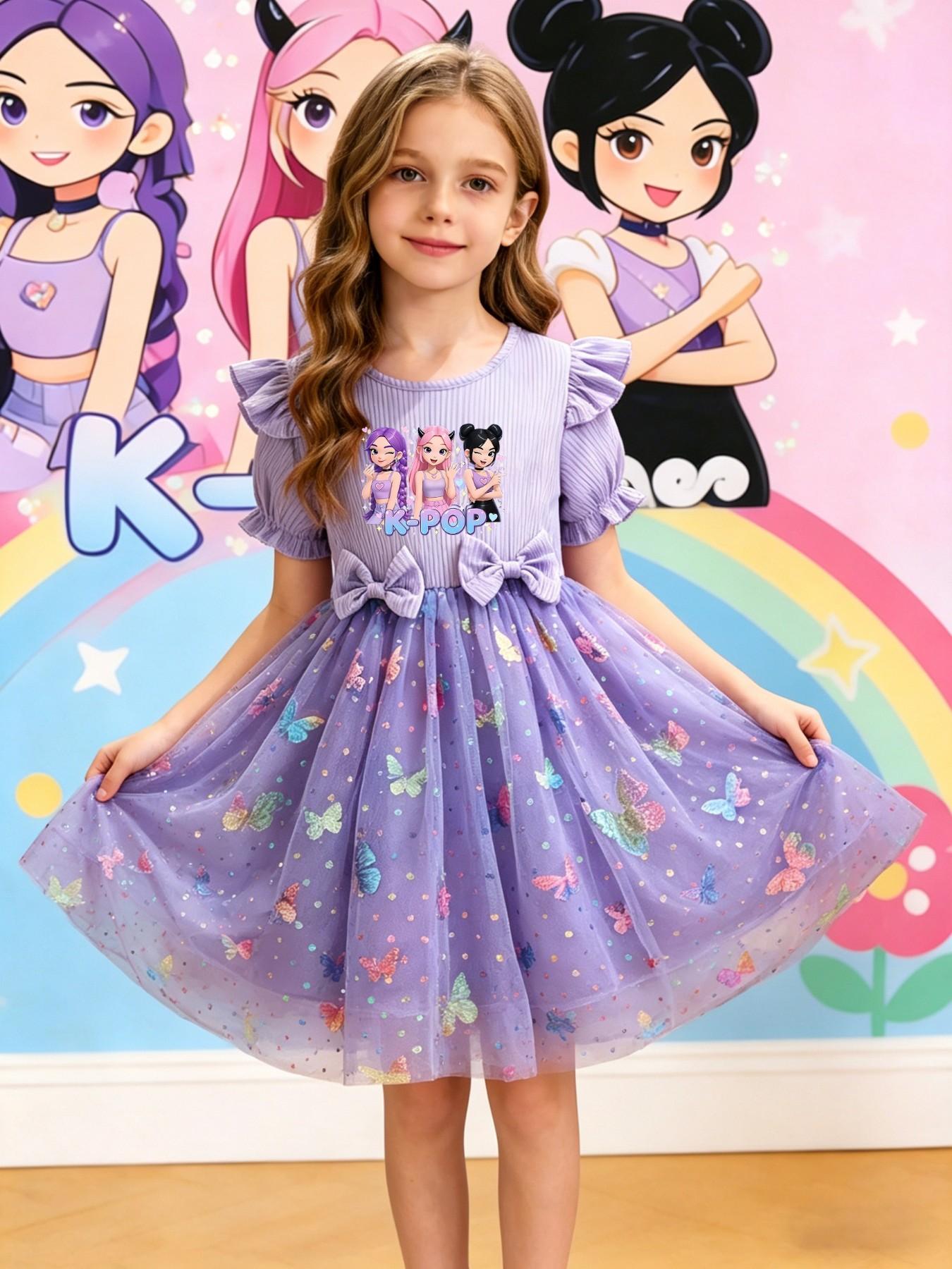 Girls' Elegant Princess Dress, Cartoon Butterfly Print, Slim-Fitting Summer Gown, Perfect for Easter, Valentine's Day, Parties, Gifts, Birthdays