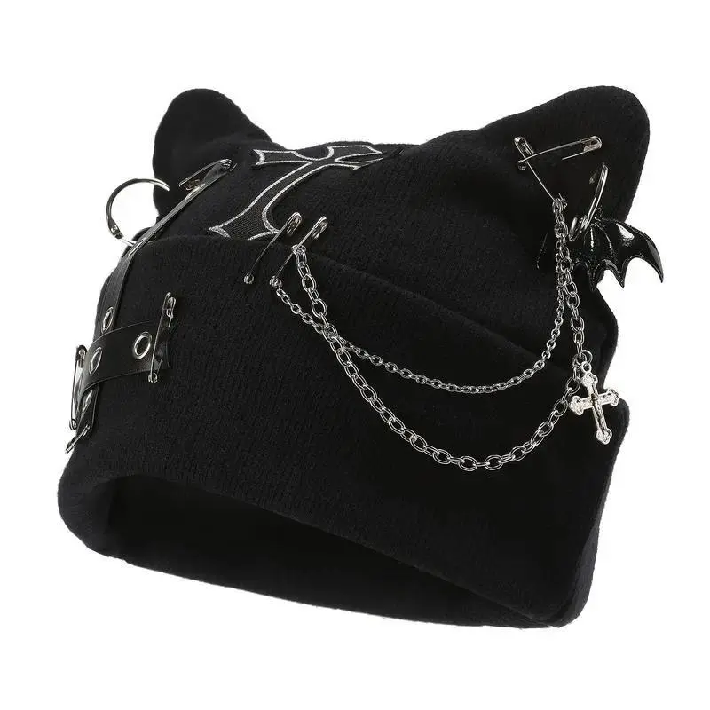Women’s Gothic Cat Ear Beanie with Punk Chain & Bat Charm, Y2K Grunge Winter Cap, Adjustable, Machine Washable, Black Streetwear Accessory backtoschool