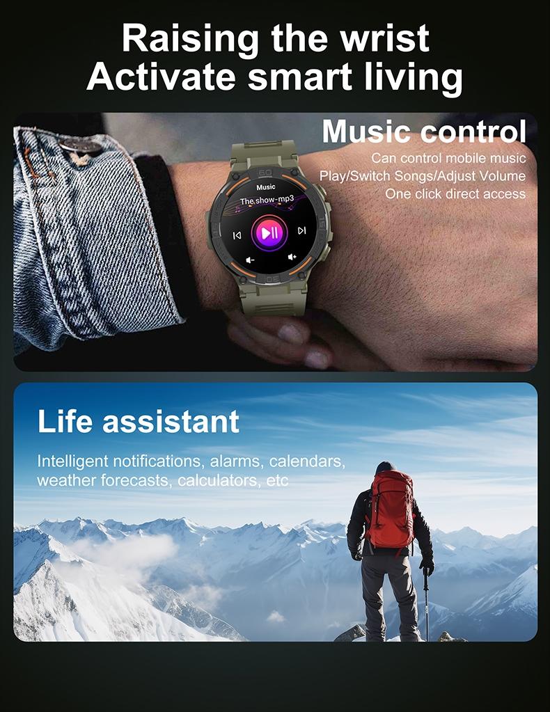 Outdoor smart watch, 1.53-inch touch screen wireless calling, with over 100 sports modes and watch faces, AI voice assistant, compatible with Android and iPhone, flashlight function, fitness watch wearable device, ceramic resin strap waterproof watch.