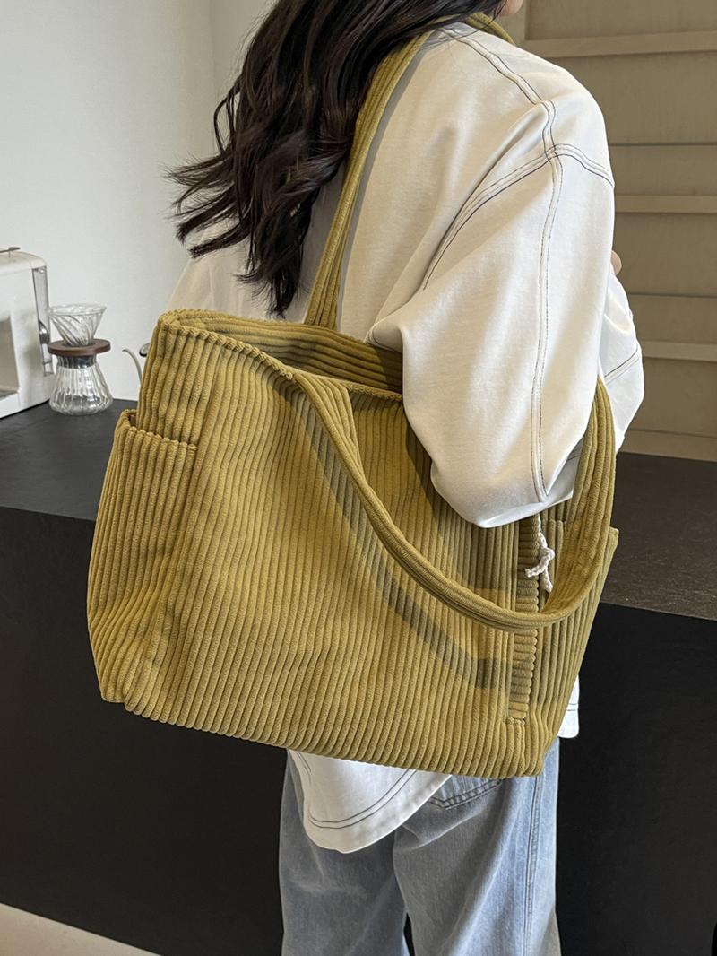 Women's Solid Color Corduroy Tote Bag, Fashionable Large Capacity Shoulder Bag for Work & Daily Used, Casual Trendy Versatile High-quality Daily Commuting Bag