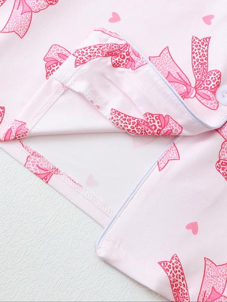 Women's Leopard Print Fitted Pajama Set with Bow Tie, Short Sleeve Shirt and Long Pants for All Seasons, Comfortable Casual Sleepwear