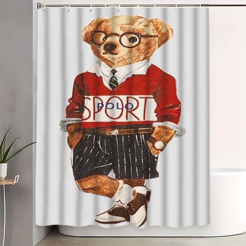 Polo Fashion Bear Shower Curtain Set, Bathroom Decor Accessories with 12 Hooks, Non-Slip Bath Mat and U-Shaped Toilet Lid Cover