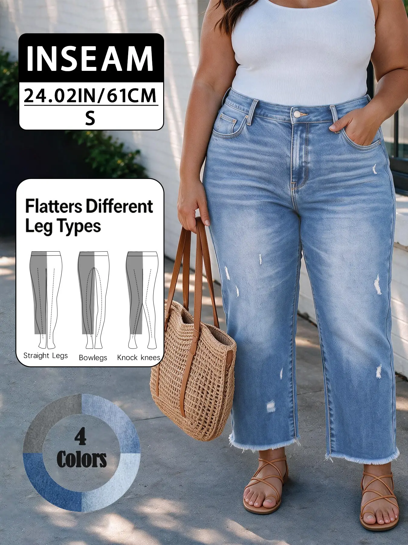 Women's Plus Size Mid-Waist Ripped Jeans, American Vintage Washed Edge Design, Casual Daily Wear, Loose-Fitting, All Seasons