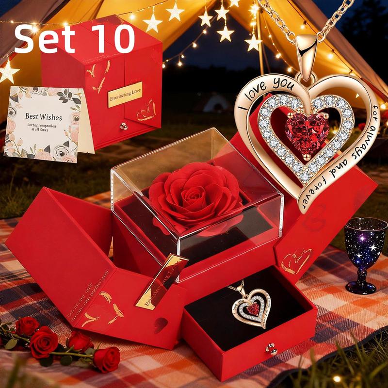 Rose Party Gift Box with Love Heart Necklace, 1 Set Romantic Rose Gift Box with “I Love You” Jewelry Necklace, Gift for Mom, Wife or Girlfriend, Birthday Gift