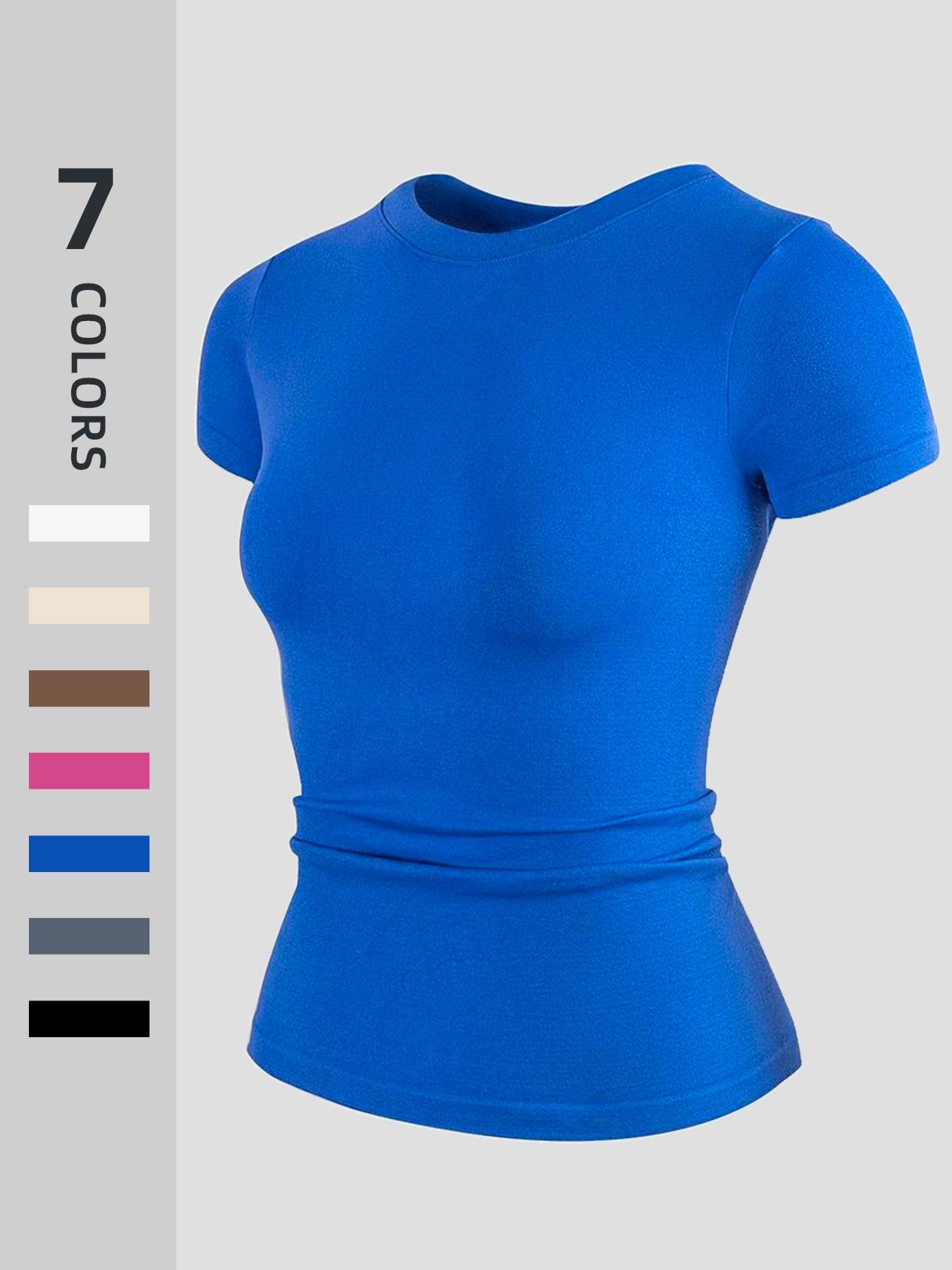 Women's Sporty Slim-Fit Yoga Short sleeve Top, Elastic Breathable Fabric, Plain Pattern XXL Size, All Season Wear, Athletic Yoga Shirts