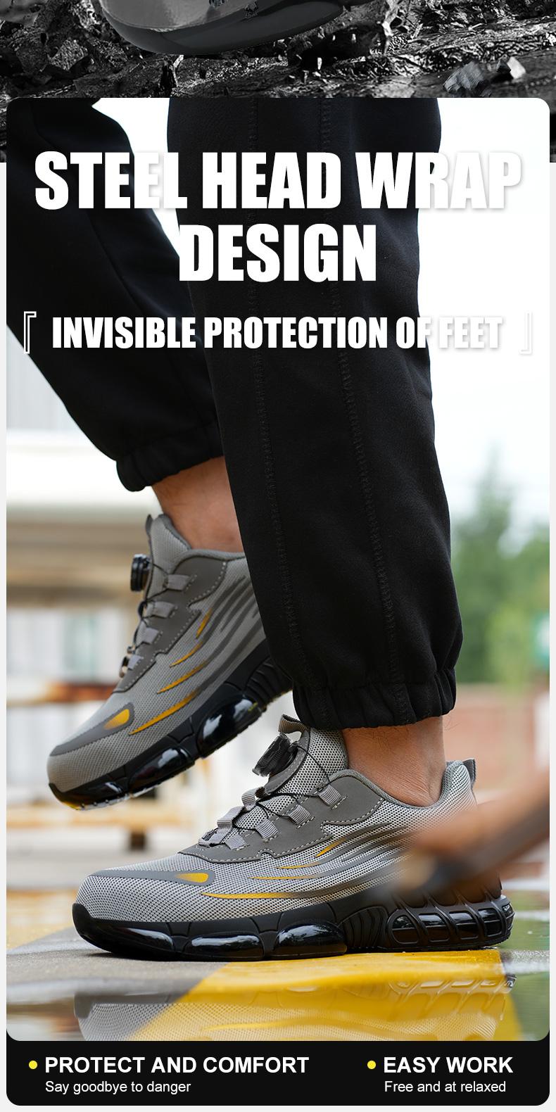 QINGRUIPAI Men's Breathable Mesh Work Sneakers Durable Anti-Slip Safety Shoes with Steel Toe Protection Comfort Fit for All Seasons Casual Striped Design Elastic Closure Non-Slip EVA Sole Outdoorfun Fathersdaygift