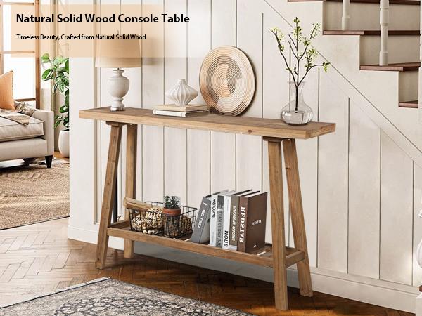 Solid Wood Console Table, Farmhouse Entryway Table, Narrow Couch Tables Behind Sofa, 2 Tiers Accent Tables for Hallway, Entrance, Foyer, Living Room