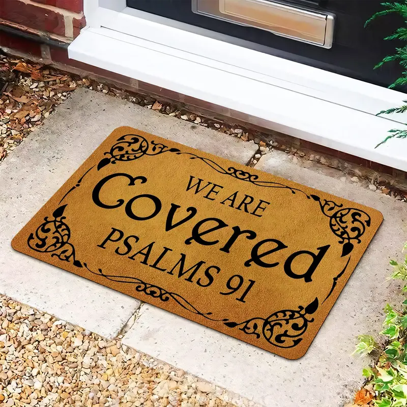 "We Are Covered Psalms 91" Religious, Non-Slip Entrance Rug with Floral Border, Machine Washable Indoor Floor Mat, Anti Skid Rug