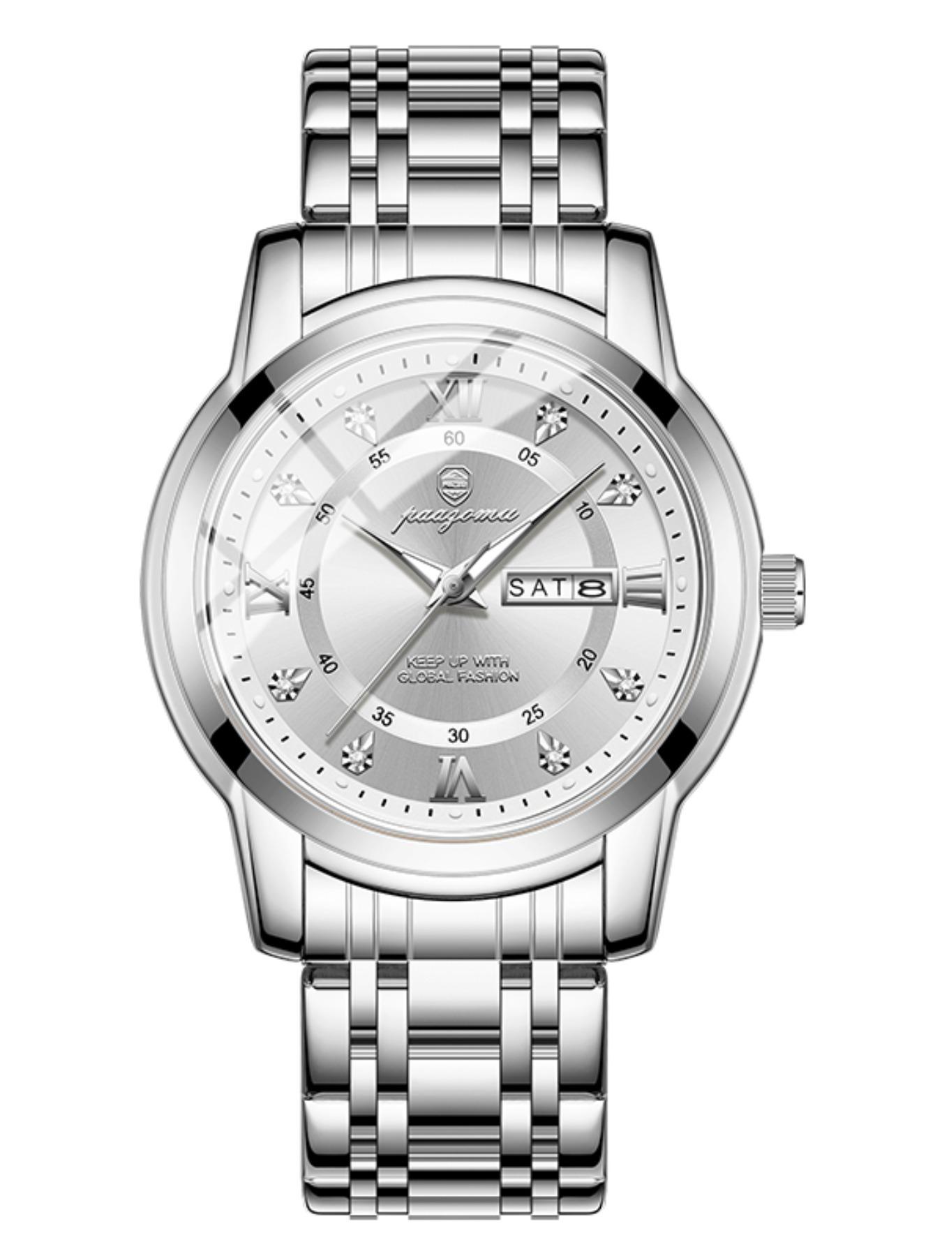 Paazomu Men's Wristwatch, Stainless Steel Waterproof Luminous, Casual Quartz Watch with Date and Week Display, Stylish Business Accessory