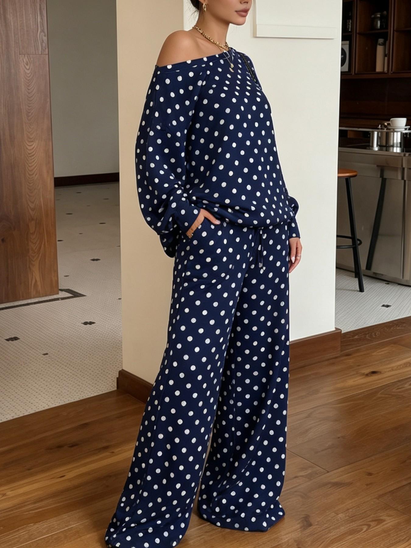2026 Fall Women Polka Dot 2 Piece Matching, off Shoulder Long Sleeve Top, Adjustable Drawstring Wide Leg Pants, Casual Loungewear Set