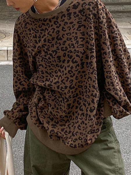 Women's Leopard Print Long Sleeve Round Neck T-Shirt Top, Loose Fit Casual Wear, Sexy Style for Spring & Fall Seasons