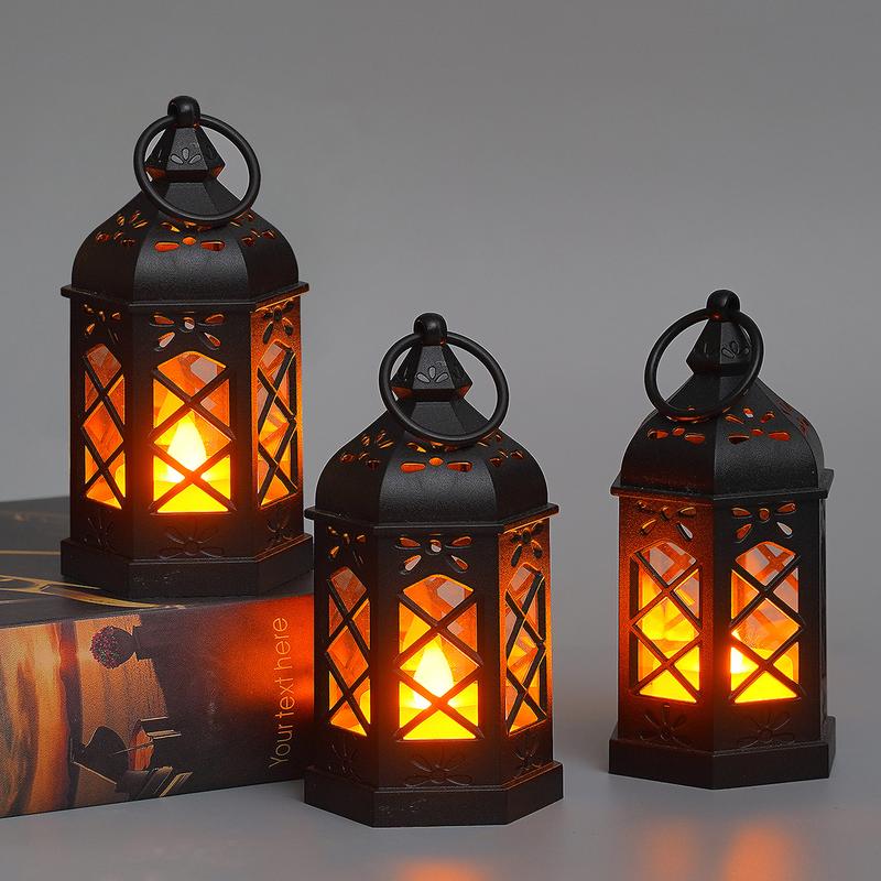 1/3Pcs/Set Ramadan Decorative Small Lanterns, Retro LED Electronic Candle-style Wind Lamps for Atmosphere, Eid al-Fitr Glowing Portable Lanterns, Hanging Lights for Festival Party Ambiance, Home Decoration