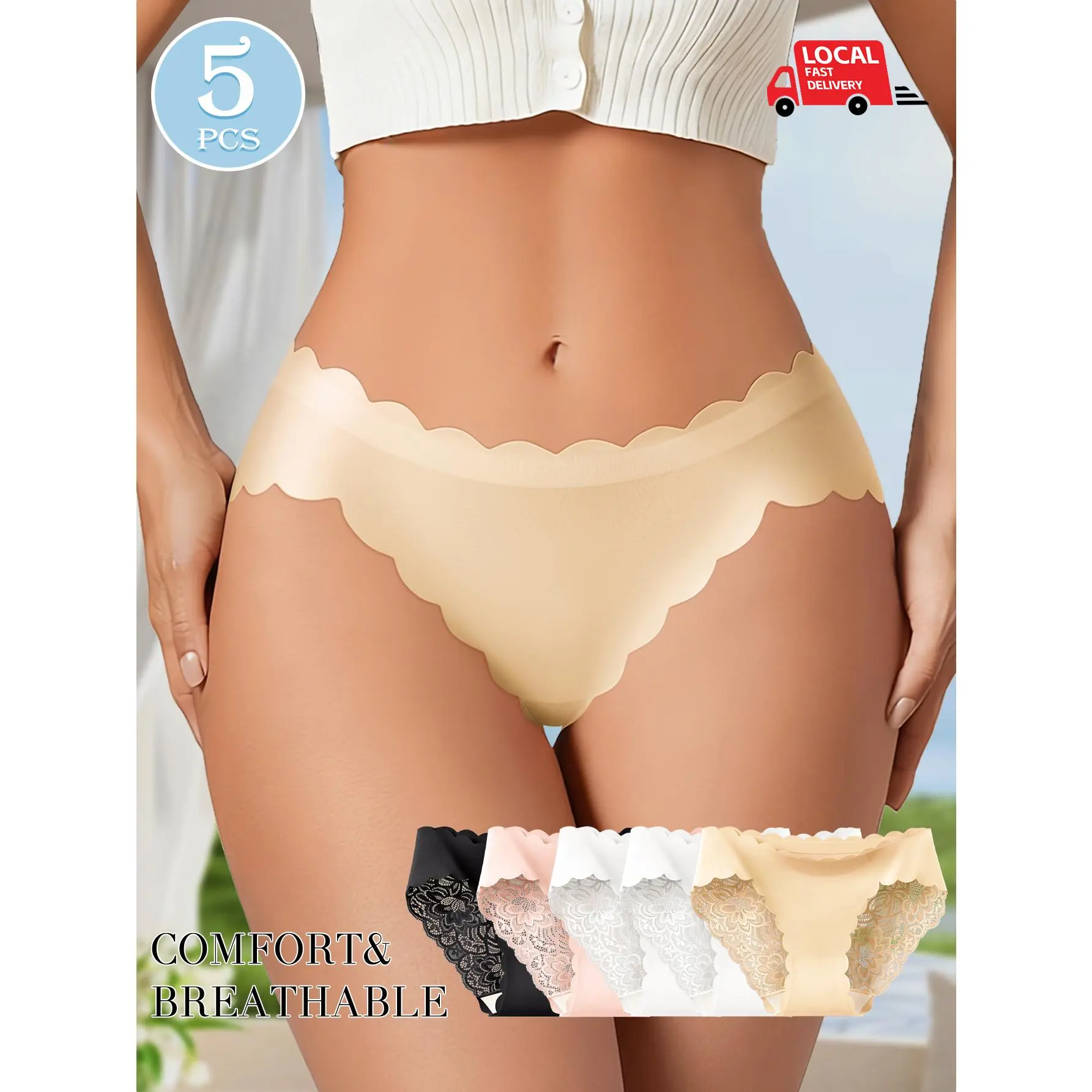 QUASTI 5PCS Assorted Contrast Lace Panty Set, No Trace Mid‑Waist Hipster Underwear, Seamless Ice‑Silk Wavy Edge Silky Smooth Knicker, Breathable Lightweight Confident Everyday Wear Panties, S‑XXL, Summerwins