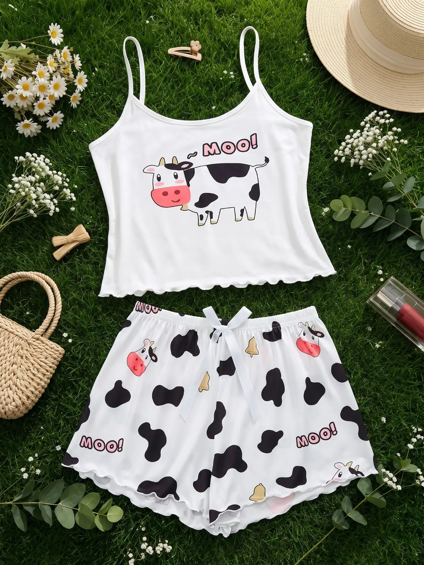 Women's Casual Sleeveless Pajama Set, Loungewear, Cute Spotted Cow Print, Comfortable Home Wear, Ideal for Daily Use and Relaxing Nights