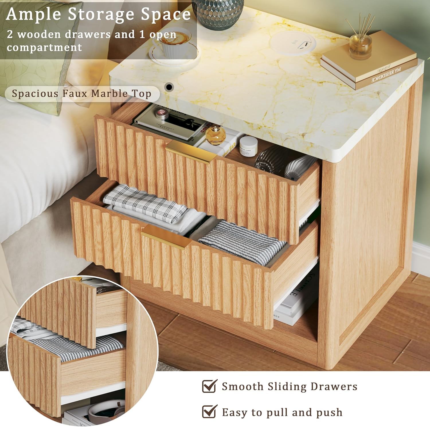 Fluted Nightstand with 2 Drawers, 24'' Night Stand with Wireless Charging Station, Mid Century Modern Side Table with Faux Marble Top, Large Wooden Bedside End Table for Bedroom, Oak Fluted Nightstand with 2 Drawers, 24'' Night Stand with Wireless Charging Station, Mid Century Modern Side Table with Faux Marble Top, Large Wooden Bedside End Table for Bedroom, Oak