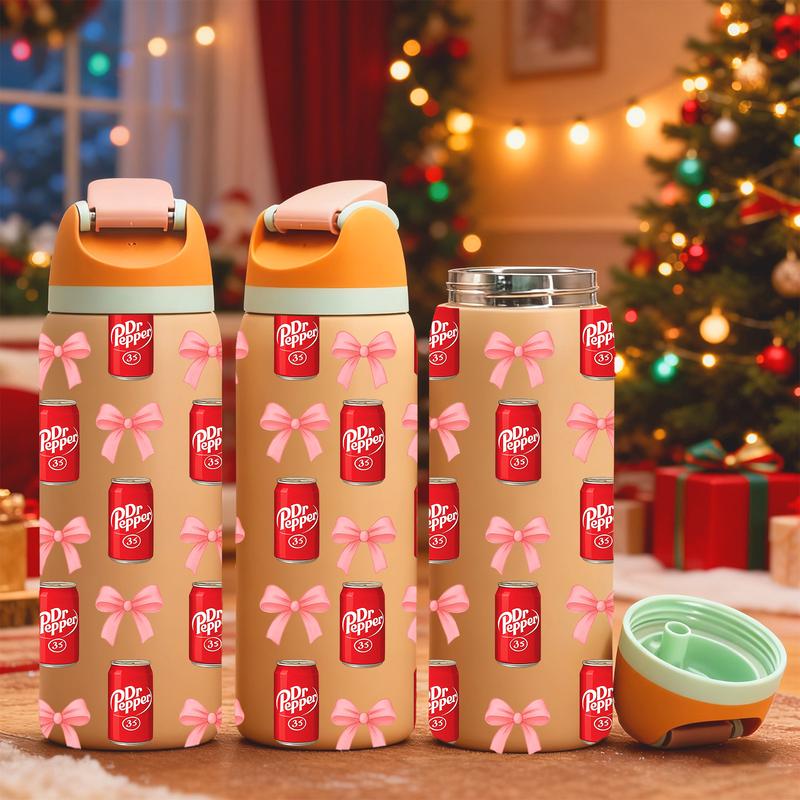 AuraCup 1pc 19/24/32oz Insulated Tumbler with Lid and Straw, Cute Dr Pepper Can and Pink Bow Pattern, Double Wall Leakproof Stainless Steel Water Bottle for Hot & Cold Drinks, TikTok Trending Aesthetic Cup, Perfect Gift for Girls, Teens, Friends, Daughter