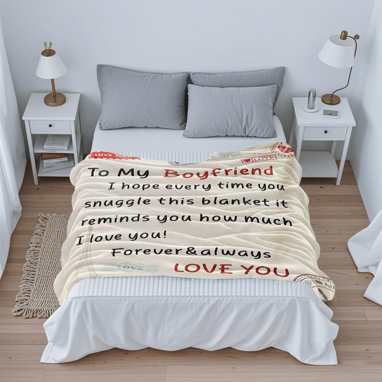 To My Boyfriend Letter Pattern Blanket, Letter Print Blanket, 1 Count Soft Comfortable Throw, Air-Conditioned Room Blanket, Warm Nap Blanket for Home Office, Valentine's Day Gift