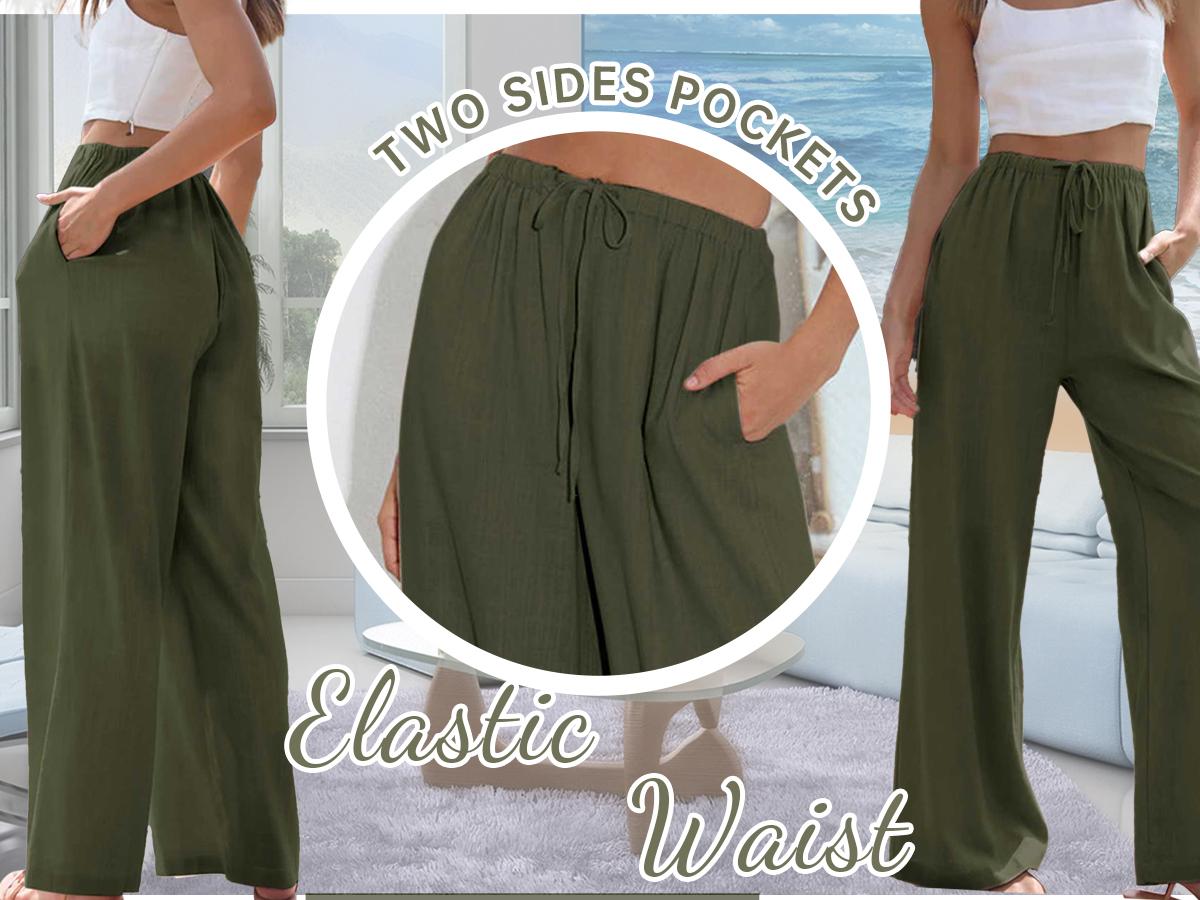 Hixiaohe Womens Cotton Linen Palazzo Pants Drawstring Elastic High Waist Trousers Casual Wide Leg Pants with Pockets TikTokShopBlackFriday SpringStatements