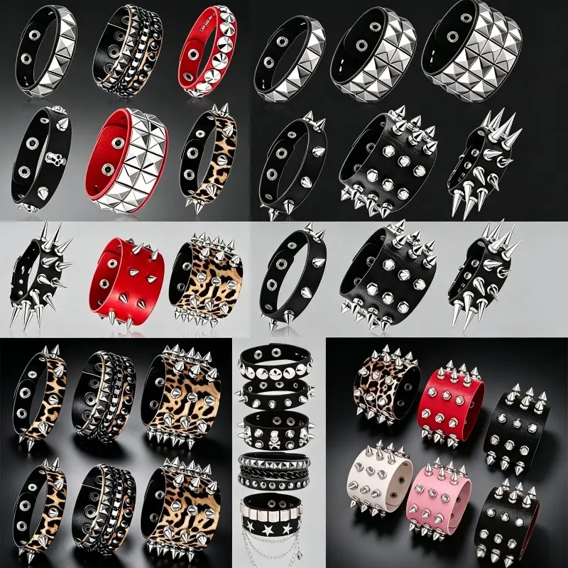 Women's 6/9/11/15Pcs Exaggerated Pointed Rivet Wide Bangles, Gothic Y2K Hip Hop Rock PU Leather Bracelets for Nightclub Street Style Couples