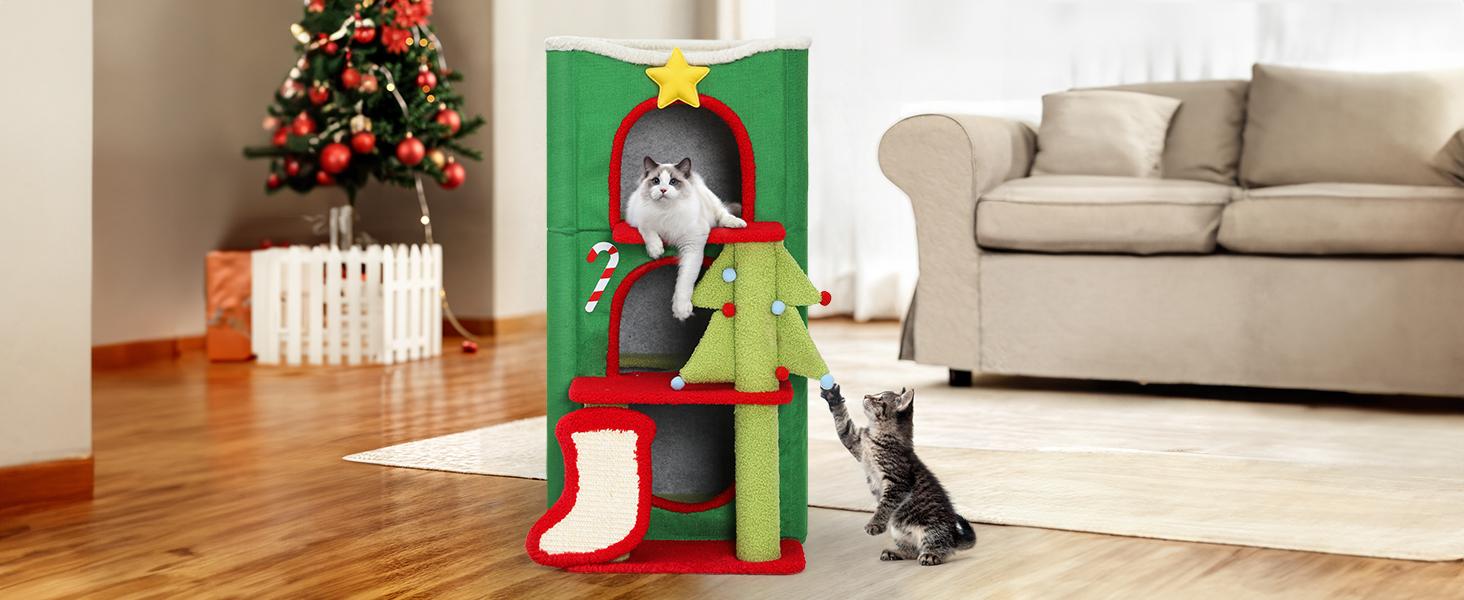 Yitahome Christmas 2/3-Tier Cat House, Indoor Cat Cave Bed Playhouse, Covered Cat Beds & Furniture with Scratch Pad and Hideaway Cave,Christmas Cute Modern Cat Condo Furniture for Multi Small Cats Yitahome Christmas 2/3-Tier Cat House, Indoor Cat Cave Bed Playhouse, Covered Cat Beds & Furniture with Scratch Pad and Hideaway Cave,Christmas Cute Modern Cat Condo Furniture for Multi Small Cats