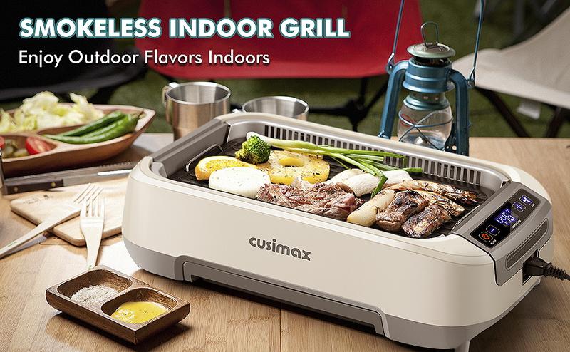 CUSIMAX Smokeless Indoor Grill 1500W Electric Korean BBQ with LED Display & Tempered Glass Lid Non-stick Removable Plate Turbo Smoke Extractor Black New Model grill rack electric mini