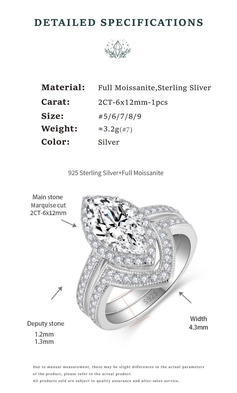 Moi Mart Eternal 2CT Marquise-Cut Synthetic Moissanite Wedding Ring, S925 Sterling Silver Bridal Jewelry Set, Perfect gift for Engagement, Anniversary, With gift box