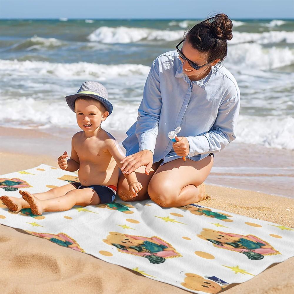 Cute Cartoon Bear Print Beach Towel, Japanese Style Kawaii Teddy Bear with Polka Dots Stars Hearts Pattern, Soft Microfiber Oversized Quick Dry Sand Free Absorbent Towel for Beach, Pool, Swimming, Travel, Camping and Yoga, Japanese Cute Aesthetic Beach Ac