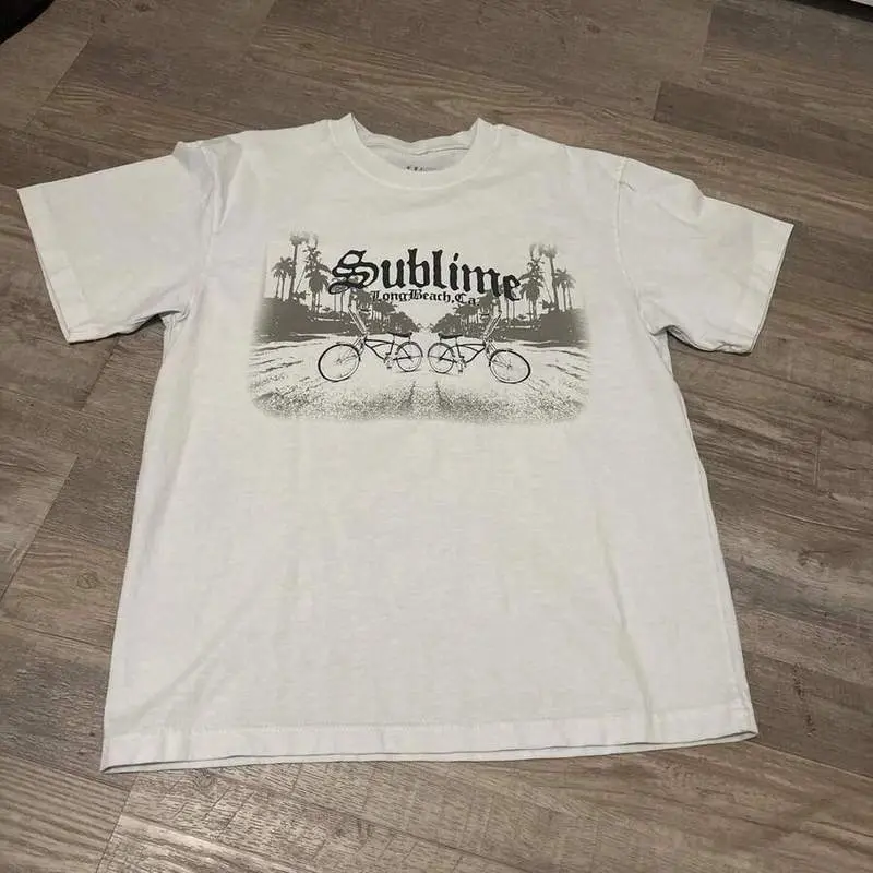 90s Retro Sublime Long Beach California Bicycle Print T-Shirt Vintage Reggae Rock Band Oversized Tee Unisex Grunge Streetwear Casual Top