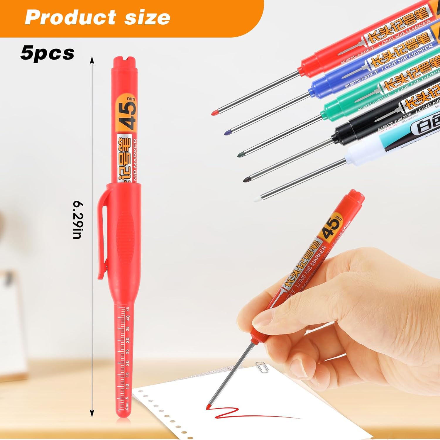 5 count Deep Reach Markers Long   Multi-Purpose Permanent 45mm Reach Colorful Carpenter Deep Reach Markers for Builder Construction Bathroom Decoration