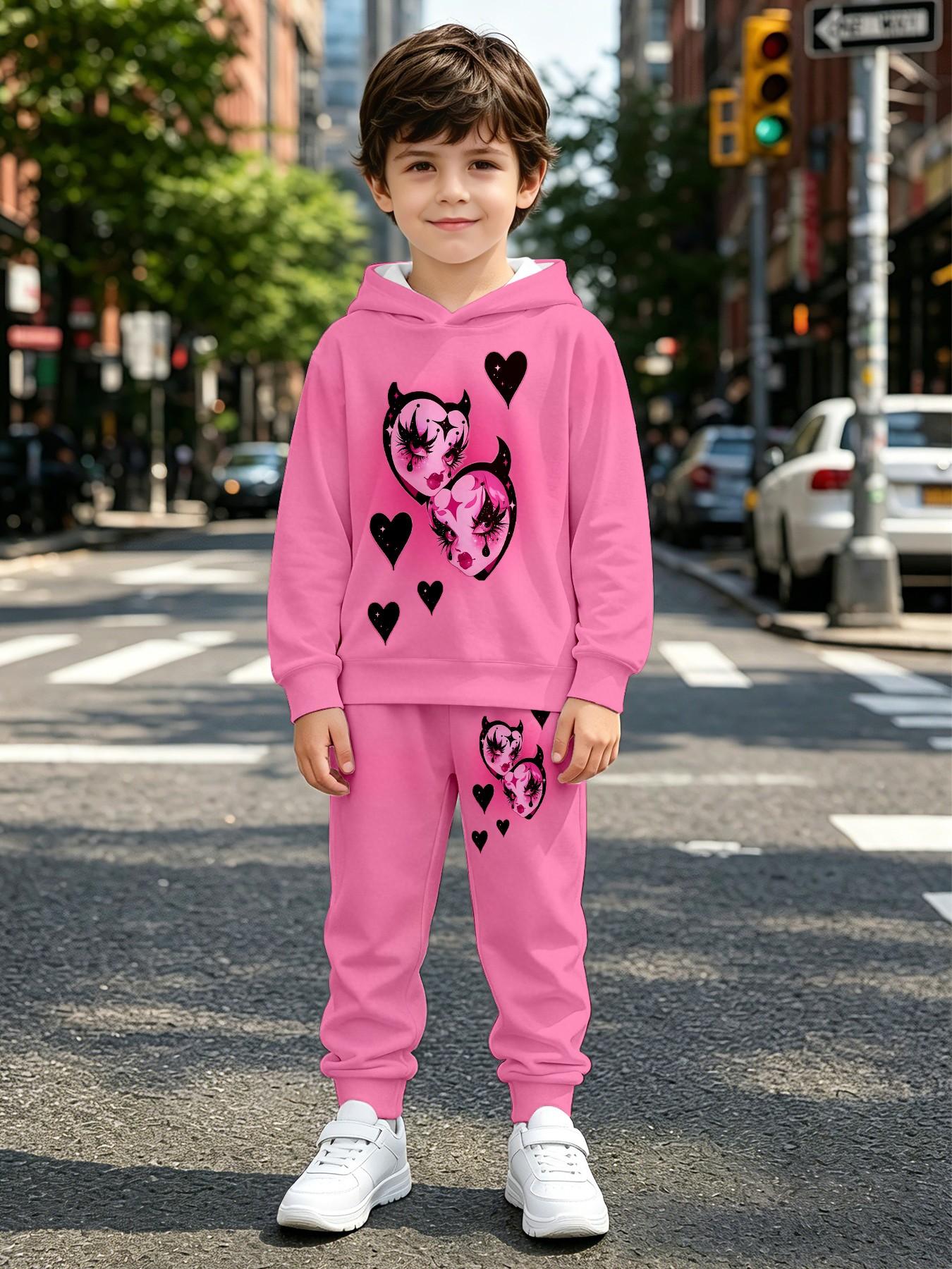 Girls' Sweet Cool Hoodie Set, Heart Devil Cartoon Print, Loose-Fitting Long Sleeve Sweatpants, Trendy Kids Fashion