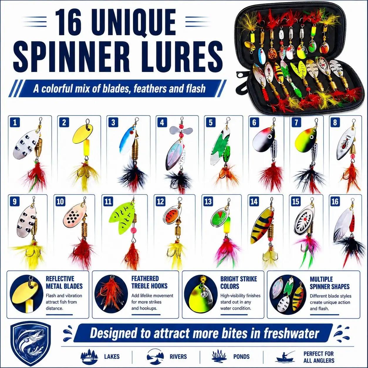 16pcs Fishing Spinner Lure Set with Storage Bag, Spoon Baits for Bass & Trout, Portable Fishing Tackle Kit, Ideal for Anglers