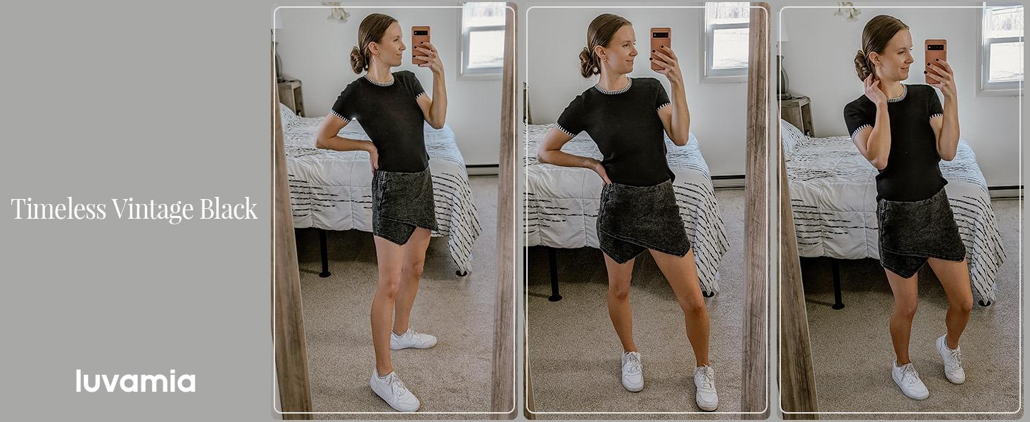 luvamia Jean Skorts for Woman High Waisted Pull On Casual Oversize Stretchy Denim Wrap Skirt with Shorts Trendy Asymmetrical Skort country concert outfits Basic Womenswear