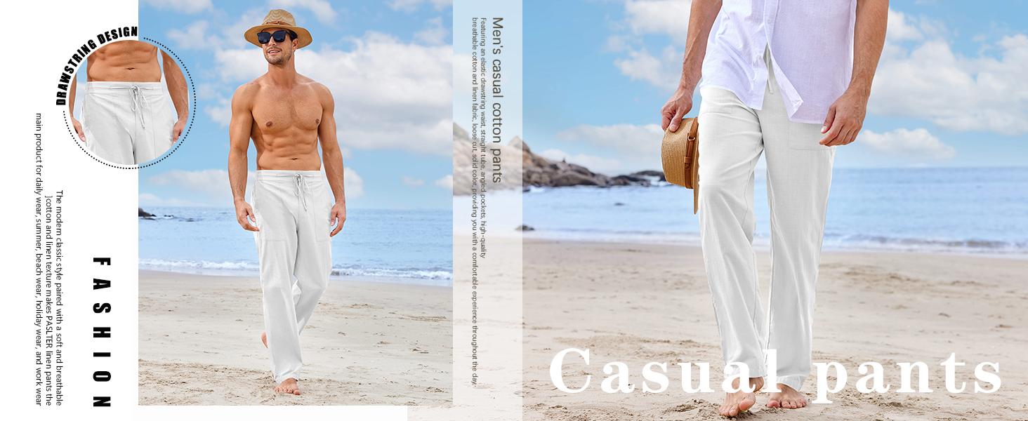 Runcati Mens Casual Linen Pants Loose Fit Elastic Drawstring Waist Straight-Legs Summer Yoga Beach Long Pants