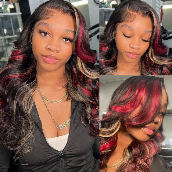 Highlight Blonde with Red Human Hair Wigs Transparent 13x4 Lace Frontal 180 Density Black Red Stripe Wig Pre Plucked Brazilian Body Wave Lace Front Wig